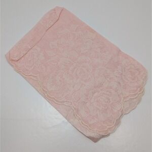 VTG Pink Ivory Lace Handkerchief 16in Scalloped Crochet Trim Mid Century Bridal